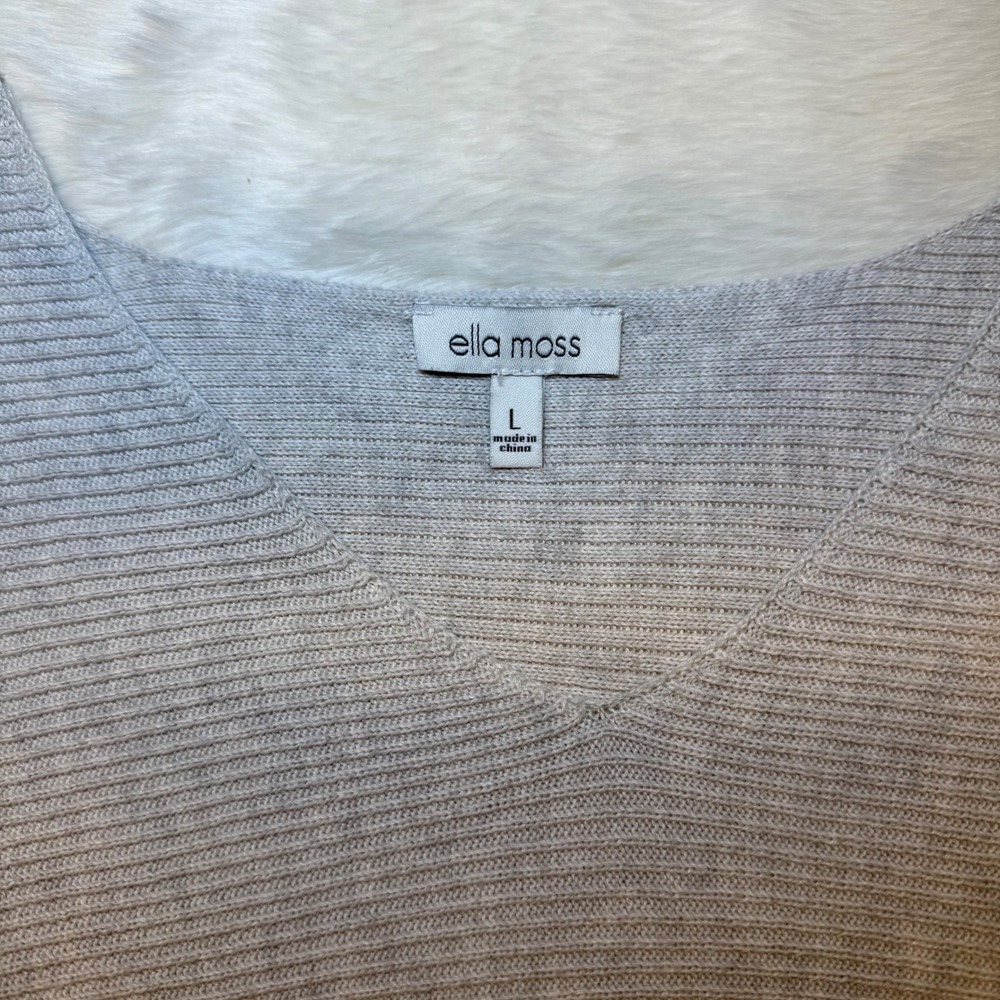Ella Moss Ribbed V Neck Long Sleeve Sweater oatmeal Size‎ L wool blend - Picture 2 of 3